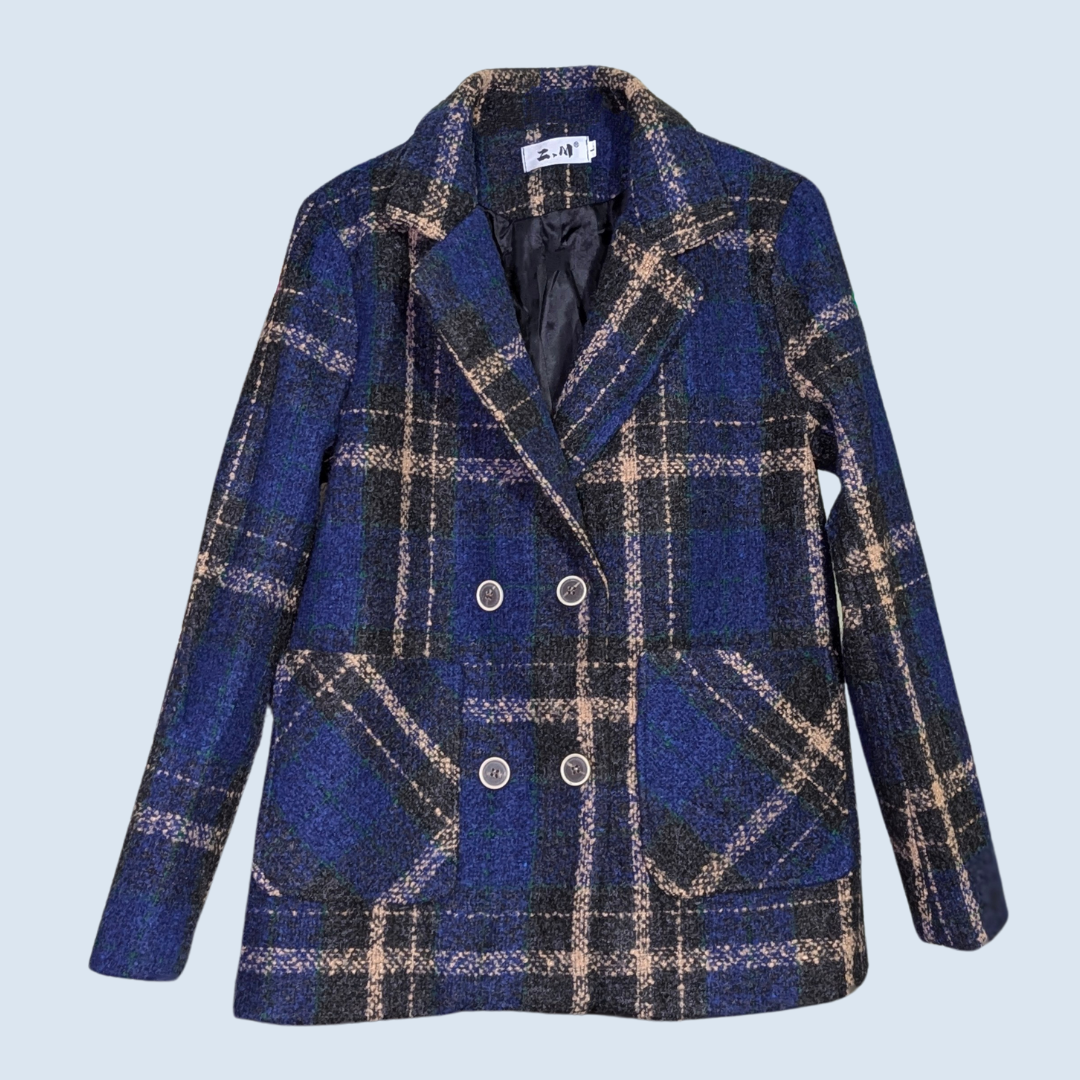 Navy Plaid Double Breasted Blazer